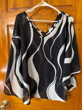 Fashion Bug Black & White One-Shoulder Wave Print Chiffon Top